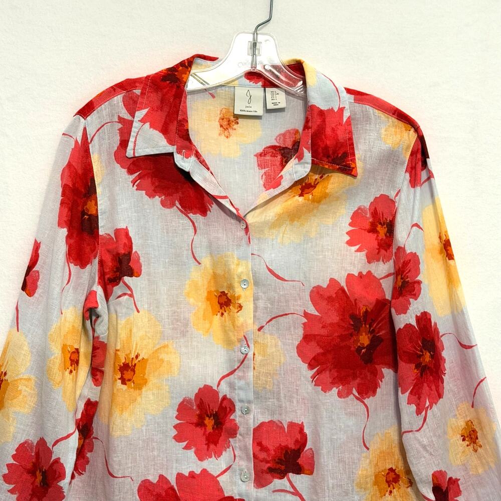 Joie Long Sleeve 100% Linen Poppy Blossom Button Up Shirt Womens Large Coastal - Picture 2 of 10